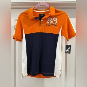 NWT Nautica Kids Polo Shirt in Orange, Navy, and White Sz M Boys